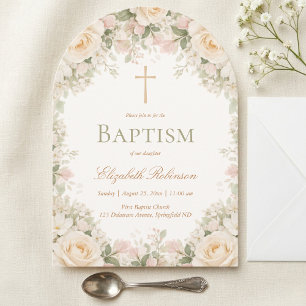 Elegant Cream Rose Floral Cross Baptism Invitation