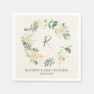 Elegant Cream Rose Floral Wreath Monogram Napkin