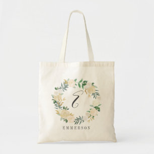 Elegant Cream Rose Floral Wreath Monogram Tote Bag