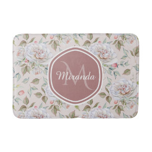 Elegant Cream Roses Floral Monogram and Name Bath Mat