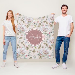 Elegant Cream Roses Floral Monogram and Name Fleece Blanket