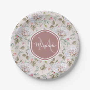 Elegant Cream Roses Floral Monogram and Name Paper Plate