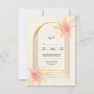 Elegant Cream Roses Golden Frame Luxury  Wedding RSVP Card