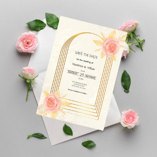 Elegant Cream Roses Golden Frame Luxury  Wedding Save The Date