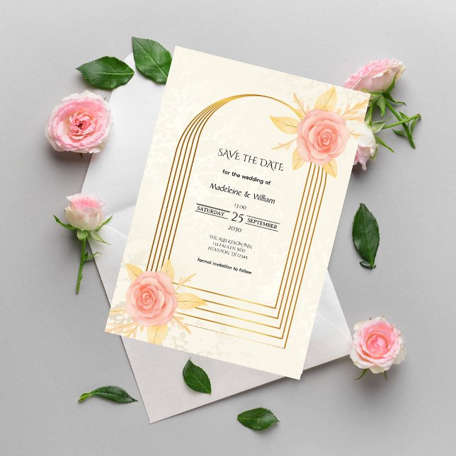 Elegant Cream Roses Golden Frame Luxury  Wedding Save The Date (Creator Uploaded)