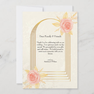 Elegant Cream Roses Golden Frame Luxury  Wedding Thank You Card