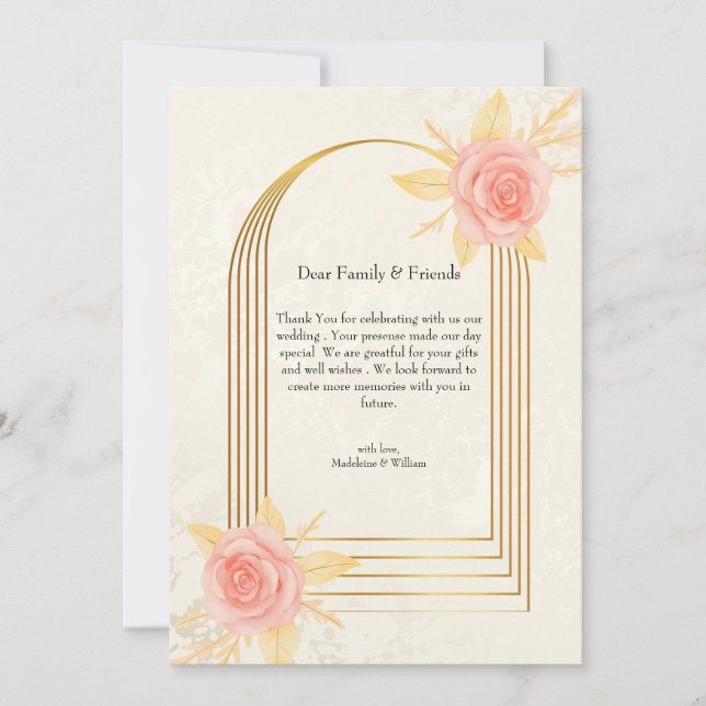 Elegant Cream Roses Golden Frame Luxury  Wedding Thank You Card (Front)