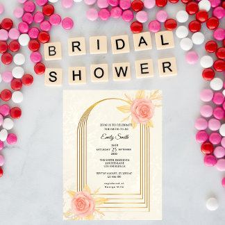 Elegant Cream Roses Golden  Luxury  Bridal Shower Invitation
