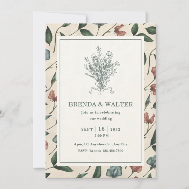 Elegant Cream Rustic Wildflower Sketch Wedding  Invitation (Front)