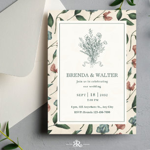 Elegant Cream Rustic Wildflower Sketch Wedding  Invitation