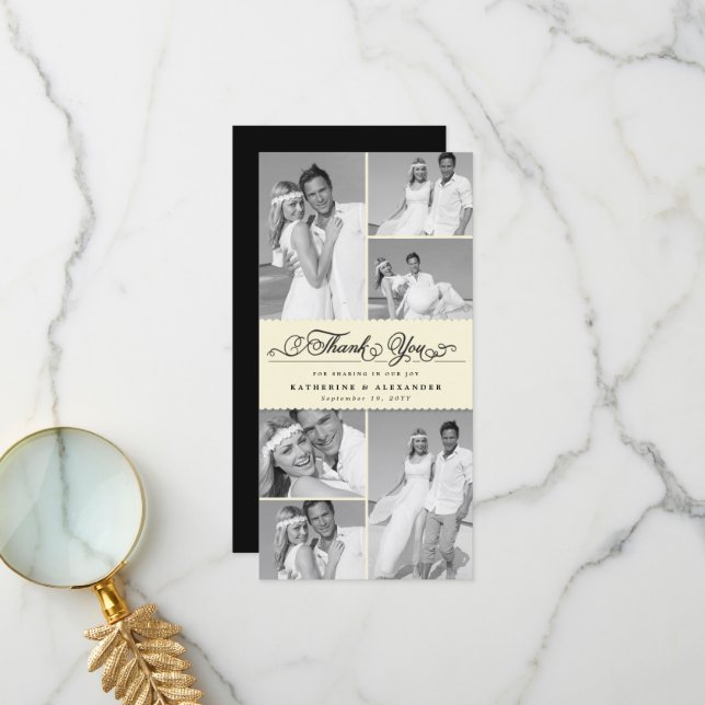 Elegant Cream Scalloped Band 6 Photo Chic Wedding  Thank You Card (Front/Back In Situ)