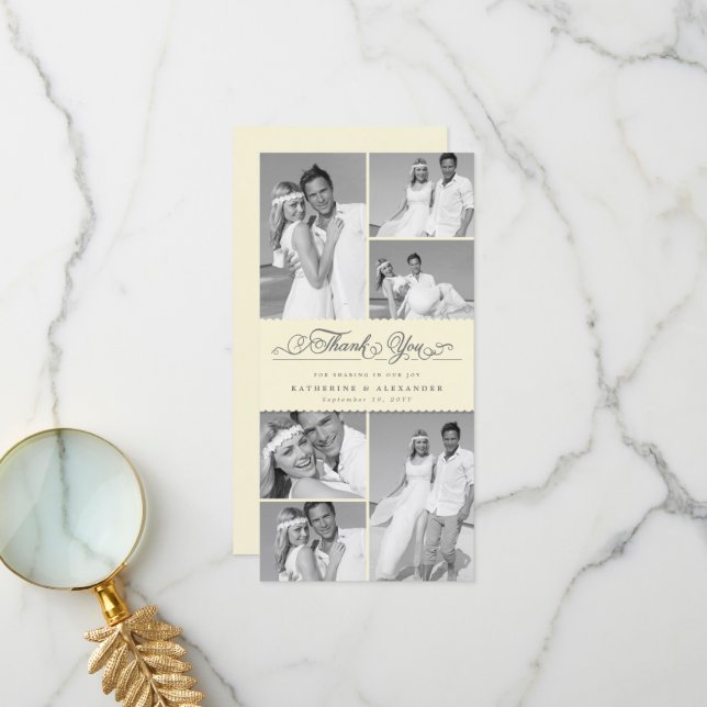 Elegant Cream Scalloped Band 6 Photo Chic Wedding Thank You Card (Front/Back In Situ)
