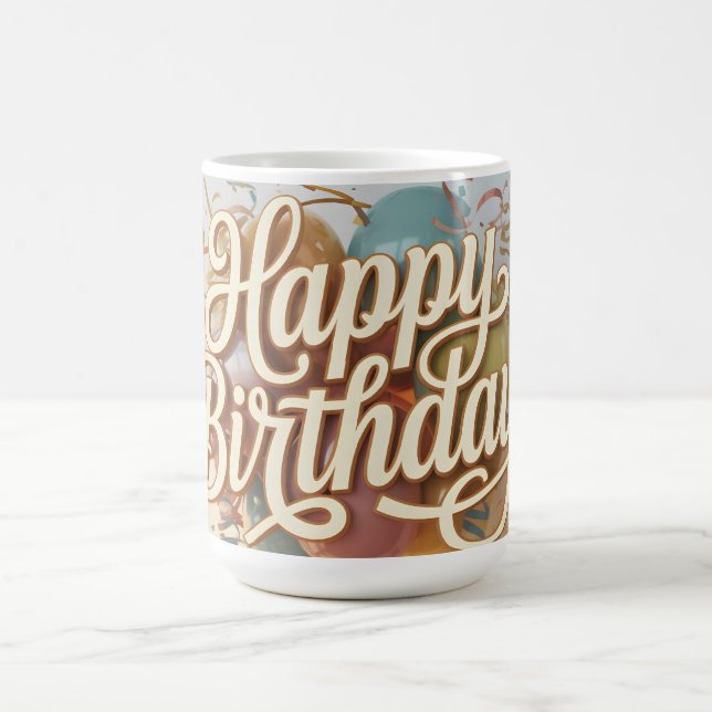 Elegant Cream Script "Happy Birthday" Graphic Coffee Mug (Center)