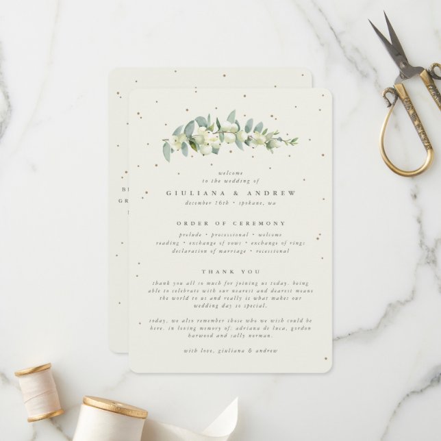 Elegant Cream Snowberry+Eucalyptus Stem Wedding Program (Front/Back In Situ)