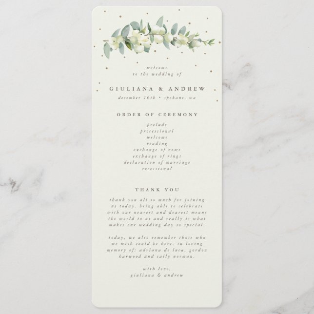 Elegant Cream Snowberry+Eucalyptus Stem Wedding Program (Front)