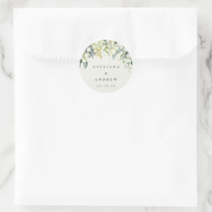 Elegant Cream Snowberry+Eucalyptus Wedding Classic Round Sticker