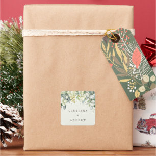 Elegant Cream Snowberry+Eucalyptus Wedding Square Sticker