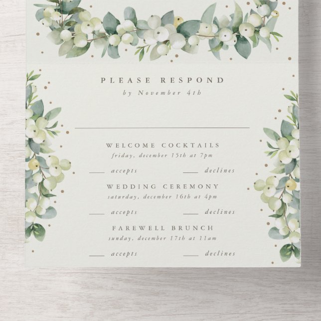 Elegant Cream Snowberry+Eucalyptus Winter Wedding All In One Invitation (Inside Bottom)