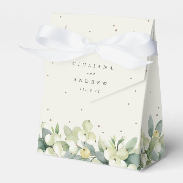Elegant Cream Snowberry+Eucalyptus Winter Wedding Favour Box (Front Side)