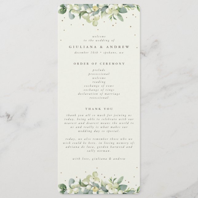 Elegant Cream Snowberry+Eucalyptus Winter Wedding Program (Front)