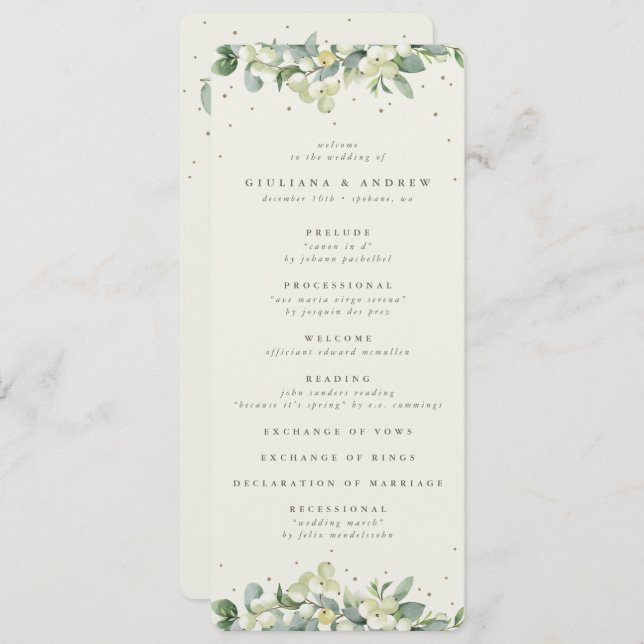 Elegant Cream Snowberry+Eucalyptus Winter Wedding Program (Front/Back)