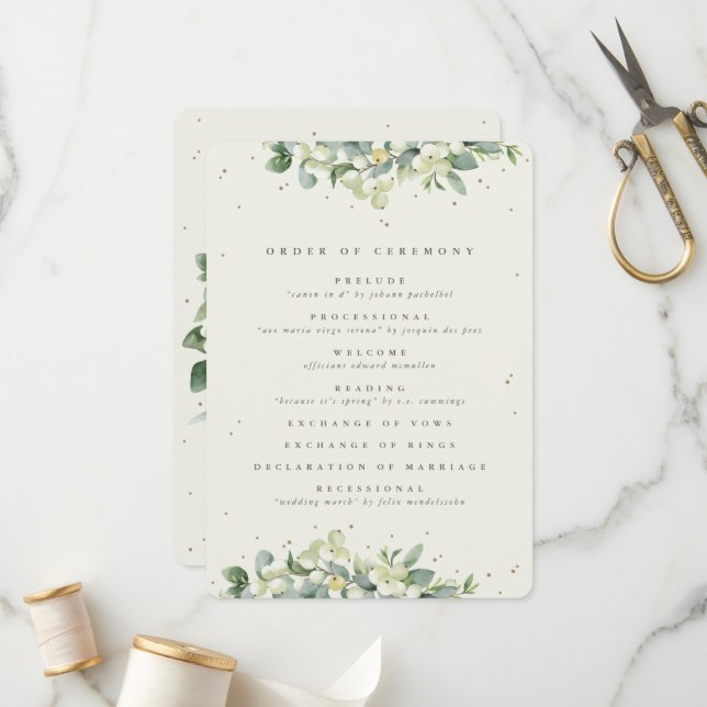 Elegant Cream Snowberry+Eucalyptus Winter Wedding Program (Front/Back In Situ)