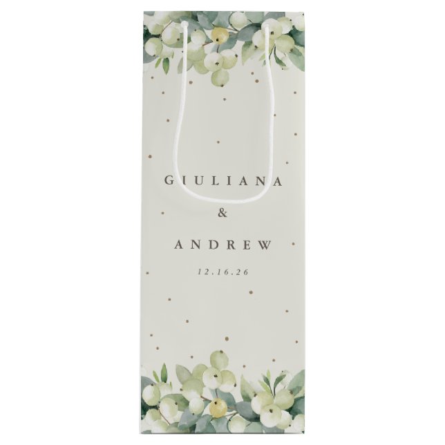Elegant Cream Snowberry+Eucalyptus Winter Wedding Wine Gift Bag (Front)