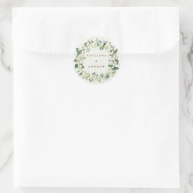 Elegant Cream Snowberry+Eucalyptus Wreath Wedding Classic Round Sticker (Bag)