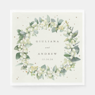 Elegant Cream Snowberry+Eucalyptus Wreath Wedding Napkin