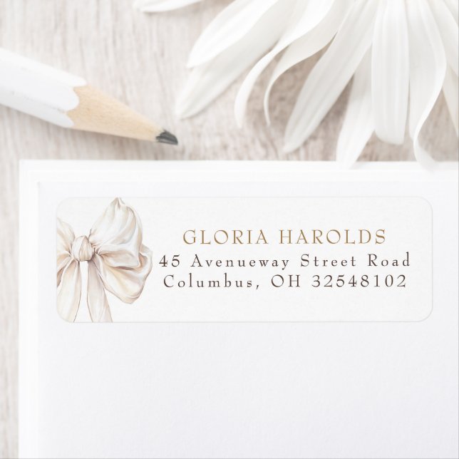 Elegant Cream White Bow Bridal Shower Return Address Label (Insitu)