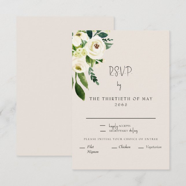 Elegant Cream White Floral Dinner Modern Font RSVP Card (Front/Back)