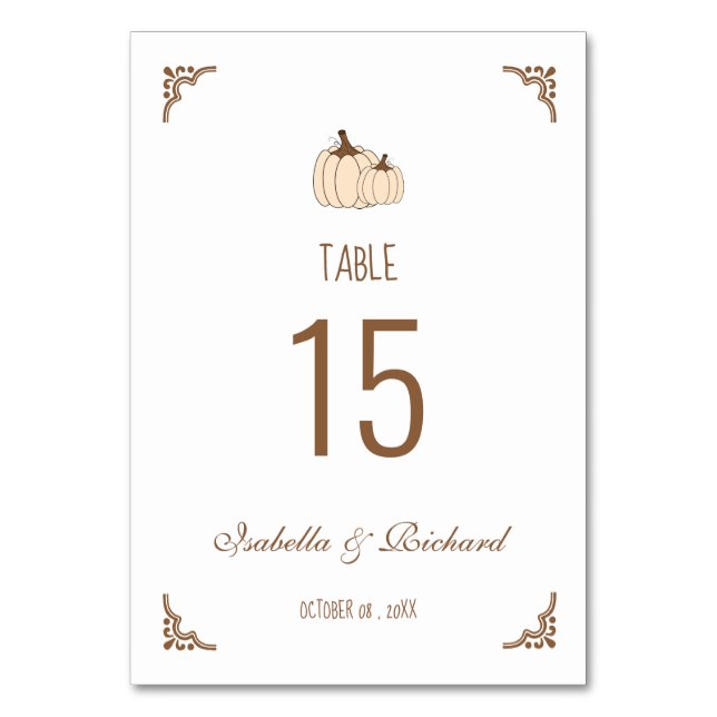 Elegant Creamy Pumpkins Fall Wedding Table Card (Front)