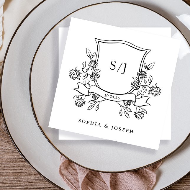 Elegant Crest and Monogram Black and White Wedding Napkin (Creator Uploaded)