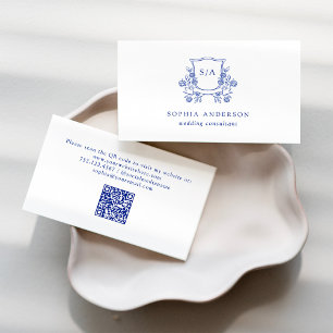 Elegant Crest and Monogram Blue and White Business Card