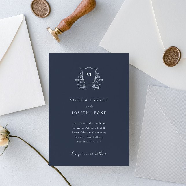 Elegant Crest and Monogram | Navy Blue Wedding Invitation (Creator Uploaded)