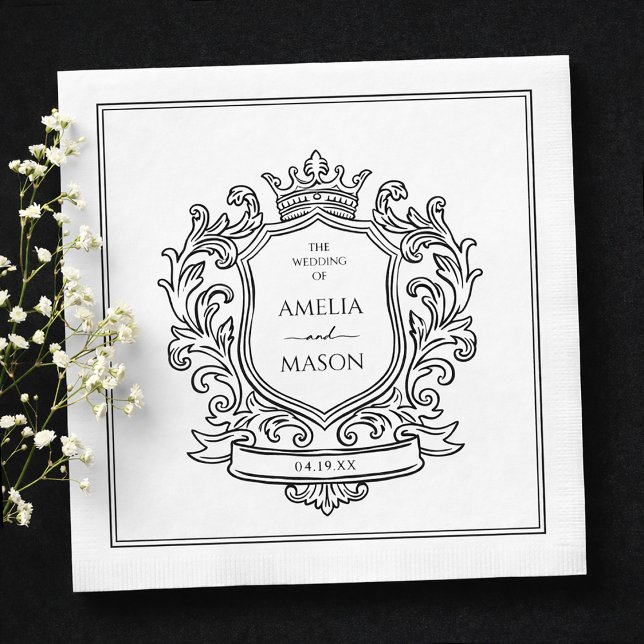 Elegant Crest Black and White Paper Wedding Napkin (Elegant Crest Black and White Paper Wedding Napkins)