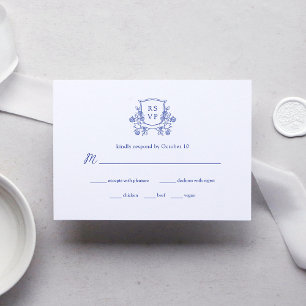 Elegant Crest   Blue and White Wedding Meal Choice RSVP Card
