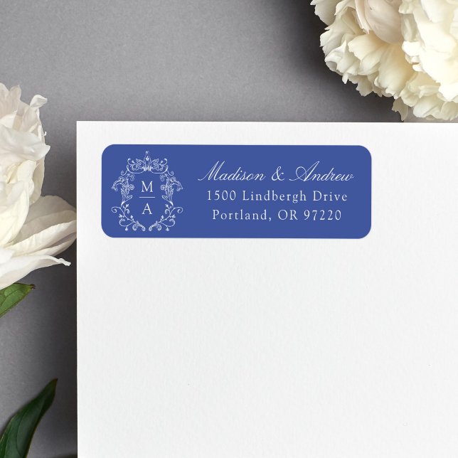 Elegant Crest Blue Monogram Wedding Address Return Address Label (Creator Uploaded)