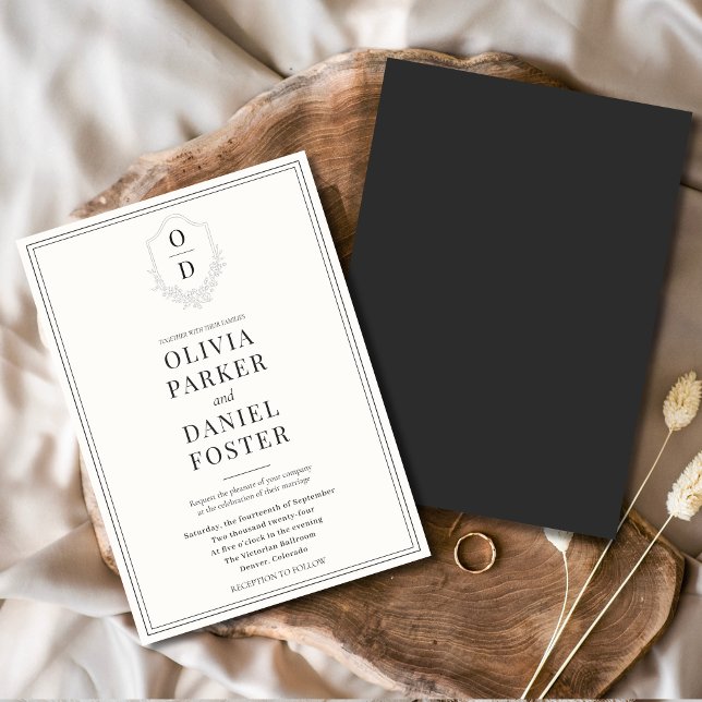 Elegant Crest Charcoal Grey Modern Wedding Invitation (Creator Uploaded)