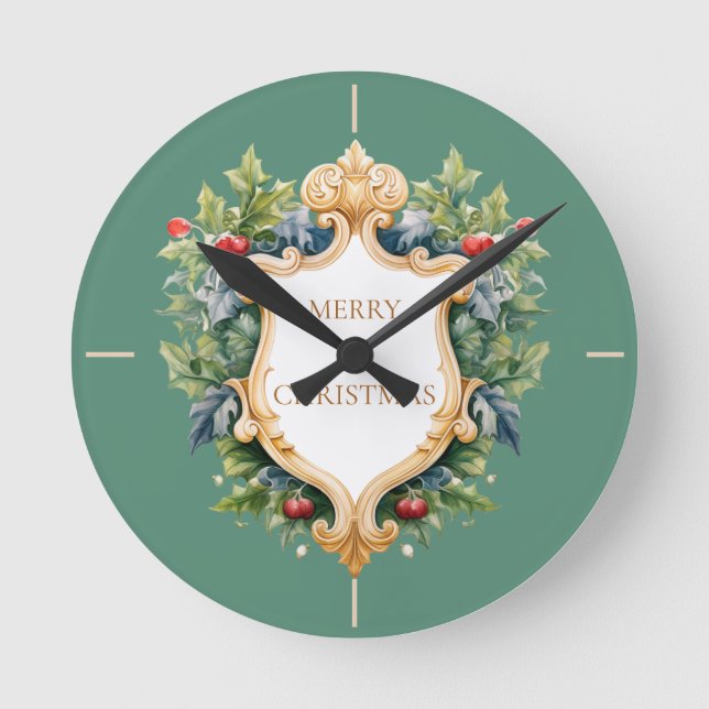 Elegant Crest Christmas Card Round Clock (Front)