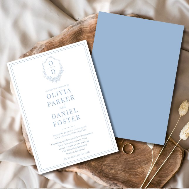 Elegant Crest Dusty Blue Minimalist Modern Wedding Invitation (Creator Uploaded)