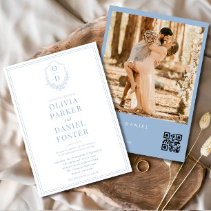 Elegant Crest Dusty Blue QR Code Photo Wedding Invitation