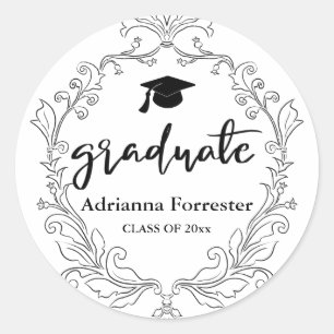 Elegant Crest Graduation Hat Script Classic Round Sticker