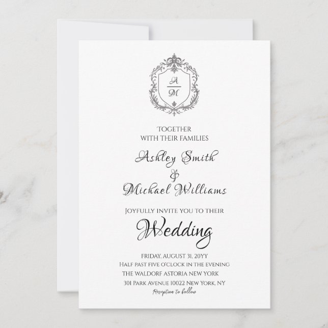Elegant Crest Minimalist Formal Monogram Wedding Invitation (Front)