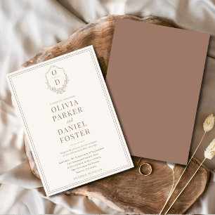 Elegant Crest Mocha Brown Modern Wedding Invitation