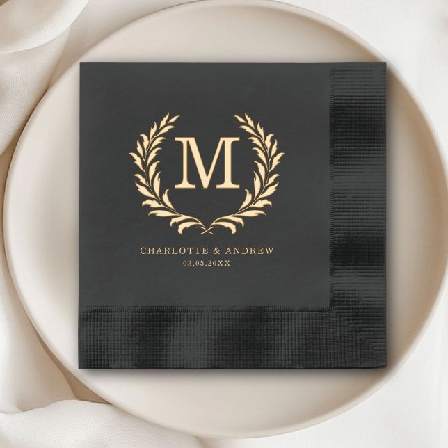 Elegant Crest Monogram Black Wedding Foil  Napkins (Elegant Crest Monogram Black Wedding Foil Napkins)