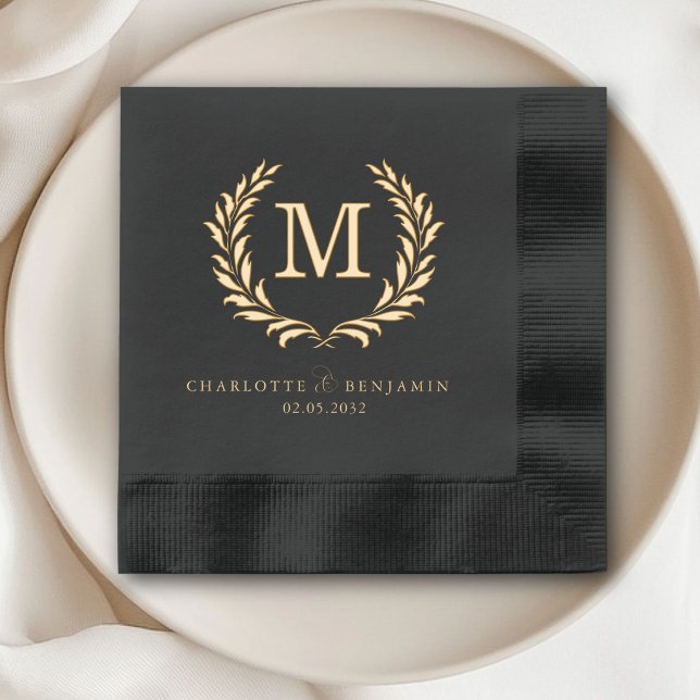 Elegant Crest Monogram Black Wedding  Foil Napkins (Elegant Crest Monogram Black Wedding Foil Napkins)