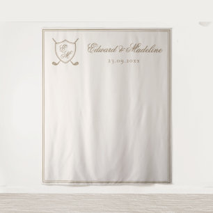 Elegant Crest Monogram Golf Wedding Photo Backdrop Tapestry