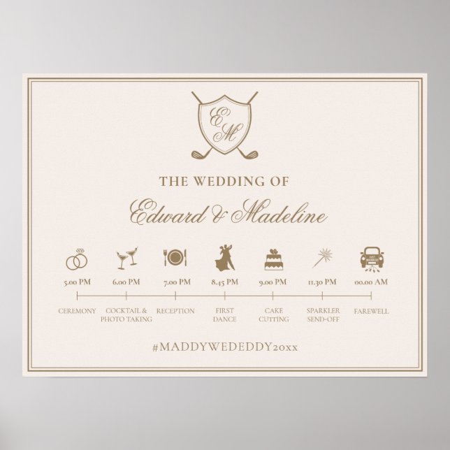 Elegant Crest Monogram Golf Wedding Timeline Poster (Front)