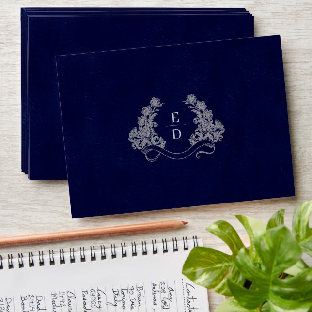 Elegant Crest Monogram Navy Heritage Wedding Envelope (Stacked)